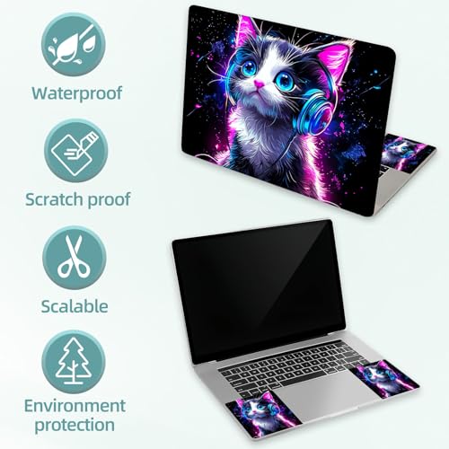 Universal Laptop Skin Decal, 3-Piece Vinyl Protector for 12 13 14 15.6" Notebook, Waterproof Anti-Scratch, Easy Trim & Bubble-Free Finish, Cat Wearing Headphones - color: Cat Wearing Headphones