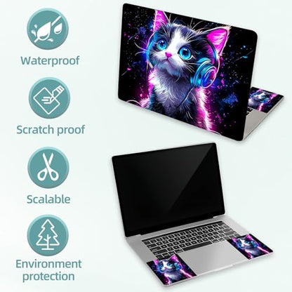 Universal Laptop Skin Decal, 3-Piece Vinyl Protector for 12 13 14 15.6" Notebook, Waterproof Anti-Scratch, Easy Trim & Bubble-Free Finish, Cat Wearing Headphones - color: Cat Wearing Headphones