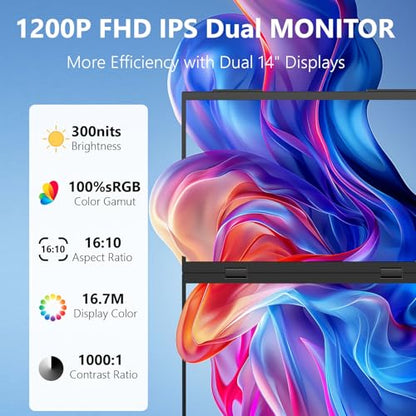 14" Dual Touch Portable Monitor, 1200P Laptop Screen Extender, USB-C & HDMI Plug & Play Display with Built-in Speakers, Lightweight Monitor for Stock Trading, Office, Business Travel, Gaming - size: 14inch touch