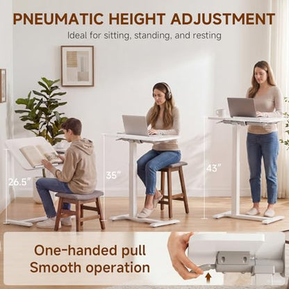 GTPLAYER Pneumatic Adjustable Standing Desk, 28 Inch Tiltable Mobile Rolling Laptop Table with Wheels, Overbed Bedside Table Computer Workstation for Home Office, White - color: White