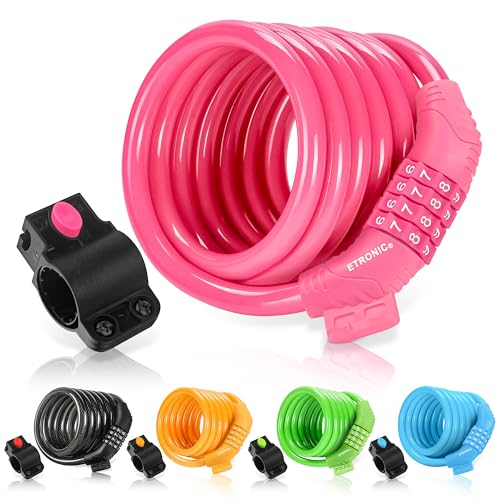 Etronic Bike Lock M6, Cable Lock 6 Feet Long Coiled Security Resettable Combo Combination Lock Bicycle Lock with Mounting Bracket - color: Pink
