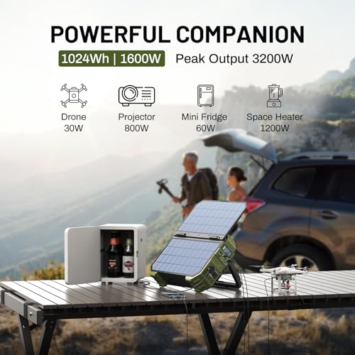 BROWEY 1600W (3200W Peak) Portable Power Station, 1024Wh LiFePO4 Battery with Built-in Solar Panel, 100W USB-C PD, Solar Generator for Camping, RV, Home Backup, Emergency - style: S1600 Green