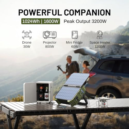 BROWEY 1600W (3200W Peak) Portable Power Station, 1024Wh LiFePO4 Battery with Built-in Solar Panel, 100W USB-C PD, Solar Generator for Camping, RV, Home Backup, Emergency - style: S1600 Green