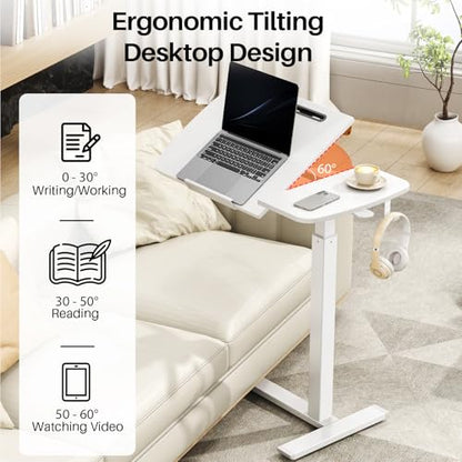 Overbed Table with Wheels, Pneumatic Height and Tilting Desktop | Top Tilts 0-60° with Anti-Slip Stops, Hook, Capacity 66 lbs, 1.18 in Low-Profile Base Slides Easily Under Beds and Sofa - color: White