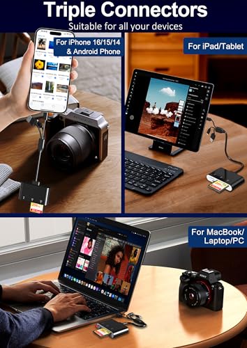 XD Card Reader for iPhone - 3-in-1 SD/MicroSD/XD Picture Card Reader Adapter with Triple Ports USB-C, Lightning, USB-A, Compatible with iPhone 17/16/15, Android, iPad, PC, Mac - color: Black
