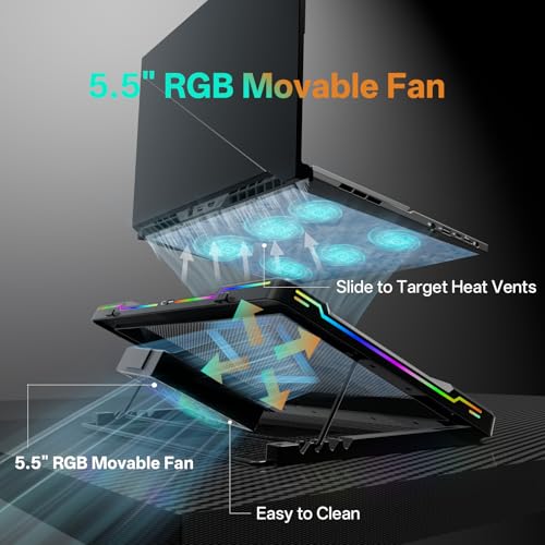 DEPGI Movable RGB Laptop Cooler with 5.5" Sliding Fan, Ergonomic Cooling Stand with 8 Light Modes for 14-17.3 Inch Gaming Laptops - color: Black, size: Extra Large