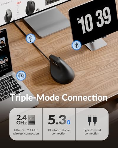 Keychron M5 8K Vertical Ergonomic Mouse Wireless, 2.4 GHz/Bluetooth 5.3/Wired Computer Mice Rechargeable, 5 Levels Up to 30K DPI with Programmable Buttons for Laptop macOS/Windows - Black - size: PixArt 3950 (8K Polling Rate)