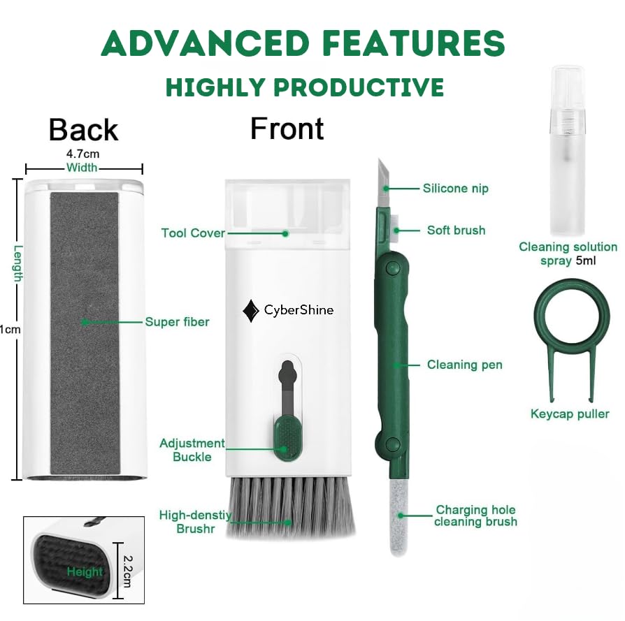 7-in-1 Electronics Cleaning Kit – Screen & Keyboard Cleaner for AirPods, iPad, iPhone, MacBook, Laptop, PC – with 5ML Mist Spray – Soldier Green