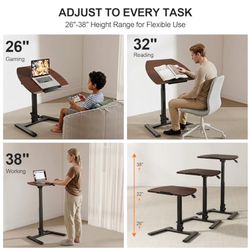 ROMOON Folding Standing Desk with Wheels: No-Assembly, Height Adjustable | Portable Sit-Stand Laptop Cart with Tilt Top, Rolling Computer Table for Home Office, Sofa, Bedroom and Small Spaces, Walnut - color: Walnut