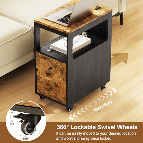 Narrow End Table with Charging Station and Wheels, Movable Narrow End Table with USB Ports and Outlets for Small Space, Living Room, Bedroom and Office, with 4 Wheels ( Rustic Brown + Black) - color: [A1] Black & Brown