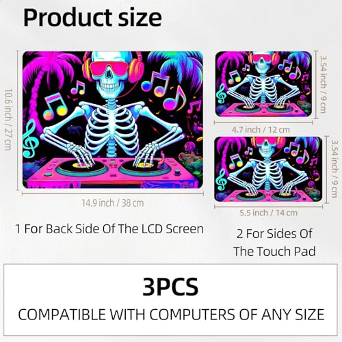 Neon DJ Skeleton Party Universal Laptop Skin Sticker 3PCS, Protective Decal Trim-to-Fit 11.6" 13.3" 14" 15.6" Laptop Vinyl Cover, Removable Anti-Scratch Computer Decal Protector - color: Neon DJ Skeleton Party