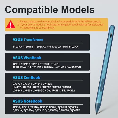 Stylus Pen for ASUS Transformer/Mini/ASUS Zenbook Flip/Pro/ASUS Vivobook Flip/Pro/Duo/ASUS Notebook, Rechargeable MPP 2.0 Tilt Active Pen with 4096 Pressure Sensitivity, Tpye-c Charge, Blue - color: Blue