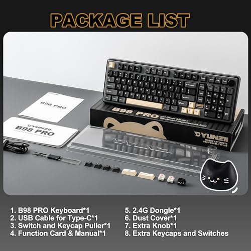 YUNZII B98 PRO QMK/VIA Wireless Mechanical Gaming Keyboard,96% Layout with Numpad and Cute Cat Knob, BT/2.4G/USB-C,Linear Switch Hot Swap Gasket,RGB for Win/Mac (Black, Candy Linear Switch) - color: Black, size: Candy Linear Switch