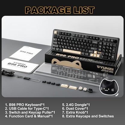 YUNZII B98 PRO QMK/VIA Wireless Mechanical Gaming Keyboard,96% Layout with Numpad and Cute Cat Knob, BT/2.4G/USB-C,Linear Switch Hot Swap Gasket,RGB for Win/Mac (Black, Candy Linear Switch) - color: Black, size: Candy Linear Switch
