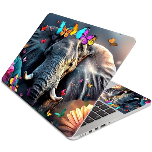 15.6 Inch Laptop Skin Sticker, Reusable Vinyl Cover Protector with 2 Wrist Pad Skins, Removable Waterproof Scratch-Resistant for 12-15.6 Inch Laptop Notebook,Colorful Elephant Butterflies - color: Colorful Elephant Butterflies