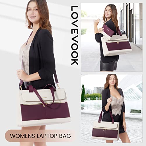 LOVEVOOK Laptop Bag Women 15.6 Inch Laptop Tote Professional Leather Computer Briefcase Waterproof Shoulder Bag Large Capacity Business Teacher Office Crossbody Purse - color: Purple/Beige-1, size: 15.6 Inch