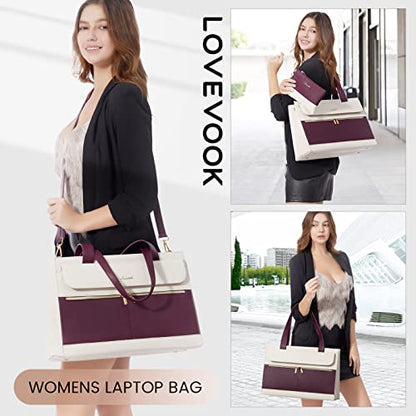 LOVEVOOK Laptop Bag Women 15.6 Inch Laptop Tote Professional Leather Computer Briefcase Waterproof Shoulder Bag Large Capacity Business Teacher Office Crossbody Purse - color: Purple/Beige-1, size: 15.6 Inch