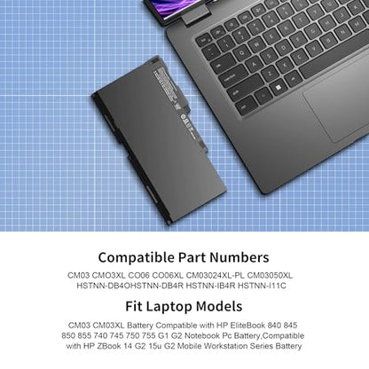 CM03 CM03XL Battery Replacement for HP EliteBook 840 845 850 855 740 745 750 755 G1 G2 Series Notebook ZBook 14 15u G2 CO06 CO06XL Battery Spare 716724-421 717376-001 CM03050XL（11.1V 50Wh） - style: CM03XL