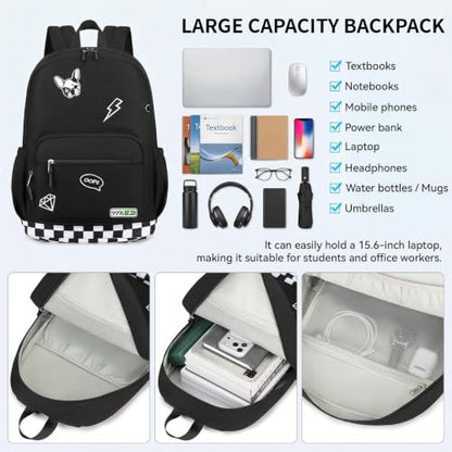 mygreen Embroidered Patch Backpack,15.6 Inch Water Resistant School Daypack | Y2K street embroidery patches,24L lightweight 1.2lb pack,breathable padded straps,fits teen school travel,waterproof Black - color: Black Patch