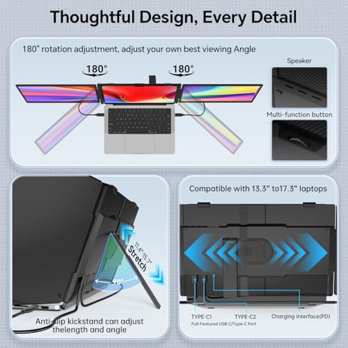 Laptop Screen Extender, 14" Ultra-Slim Triple Portable Monitor, 1080P FHD IPS Display, USB-C/HDMI Plug & Play, Monitor Extender for 13-17.3" Laptops, Mac/Windows/Chrome - size: 14" Triple Monitor