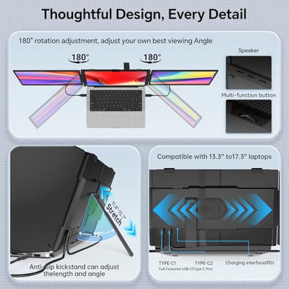 Laptop Screen Extender, 14" Ultra-Slim Triple Portable Monitor, 1080P FHD IPS Display, USB-C/HDMI Plug & Play, Monitor Extender for 13-17.3" Laptops, Mac/Windows/Chrome - size: 14" Triple Monitor