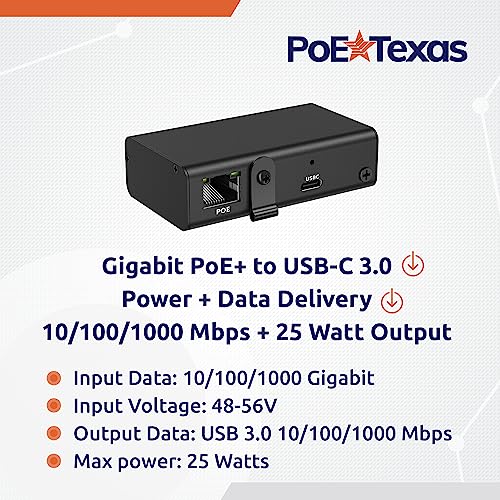PoE Texas Gigabit PoE+ to USB-C Adapter - 25 Watt Power and Data Delivery - Active IEEE 802.3at Power and Ethernet Adapter with an Aluminum Housing for iPad Pro 12.9, Surface Go, Galaxy Tab at Kiosks - size: 25w Gigabit Power + Data