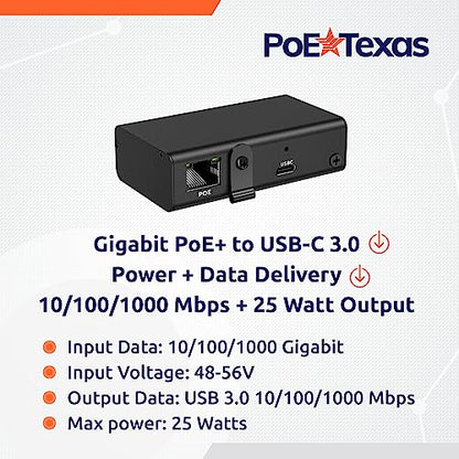 PoE Texas Gigabit PoE+ to USB-C Adapter - 25 Watt Power and Data Delivery - Active IEEE 802.3at Power and Ethernet Adapter with an Aluminum Housing for iPad Pro 12.9, Surface Go, Galaxy Tab at Kiosks - size: 25w Gigabit Power + Data