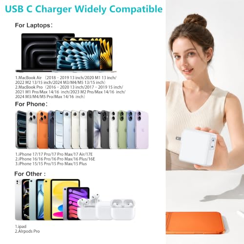 USB C MacBook Charger for MacBook Pro/MacBook Air 16 15 14 13 Inch 2025 2024 2023 2022 2021 2020 2019 M5 M4 M3 M2 M1,2Pack 75W USBC Laptop Power Adapter with 3+6+6+10ft USBC Cable for iPhone 17/16/15