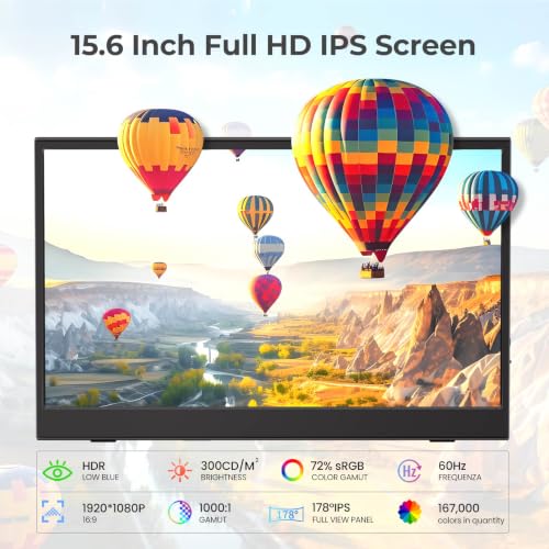 UFYQL Portable Monitor for Laptops - 15.6 -inch FHD 1080P IPS Screen, Built-in Speakers, USB-C/HDMI, Includes Protective Case, Compatible with Laptops, MAC, PC, Phones, PS4/5, Xbox, Switch