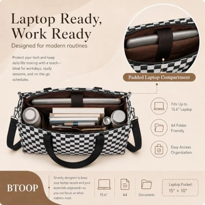 BTOOP Work Tote Bag for Women, Laptop Tote Bag With 15.6 Inch Padded Compartment, Teacher Nurse Bible Bags - color: Black-white Checkered