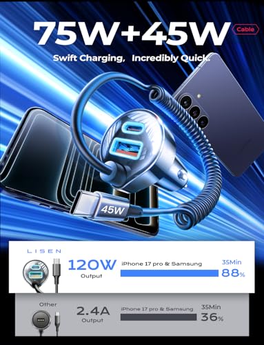 LISEN 90W for iPhone 17 16 15 Pro Max Car Charger USB C Fast Charge,Super Fast for iPhone 17 16 Car Charger USB C Adapter for iPhone 17e 16 15 Pro Max Plus Air,Samsung Galaxy S26 Ultra, Android - color: Black-60inch