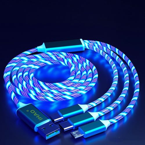IHAO Multi Connectors Fast Charging Cable 3 Combinations in One Cable USB A to USB C/Micro USB Cord Lighted Up LED Flowing Compatible with Most of Electric Device-47 Inches Blue - color: 3 Combinations Blue