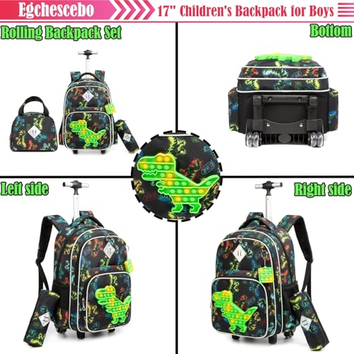 Kids Rolling Dinosaur Backpack for Boys Luggage Suitcase With Wheels Trolley Wheeled POP Roller Backpacks for Elementary Travel School Bags 17" 3PCS Toy Backpack With Lunch Box Green - color: 041123-konglong