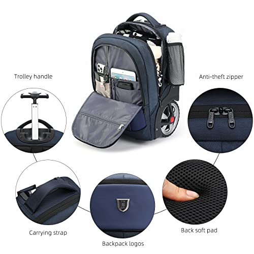 Rolling Backpack, Waterproof Backpack with Wheels for Business, Travel Commuter, Carry on Backpack with Laptop Compartment, Fit 15.6 Inch Laptop, Wheeled Backpack for Adults Women Men (Blue, 20inch) - color: Blue