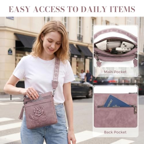 Vegan Leather Purses for Women, Daily Travel Crossbody Bags | Small Multi-Pocket Shoulder Bag with Adjustable Boho Wide Strap - color: Purple
