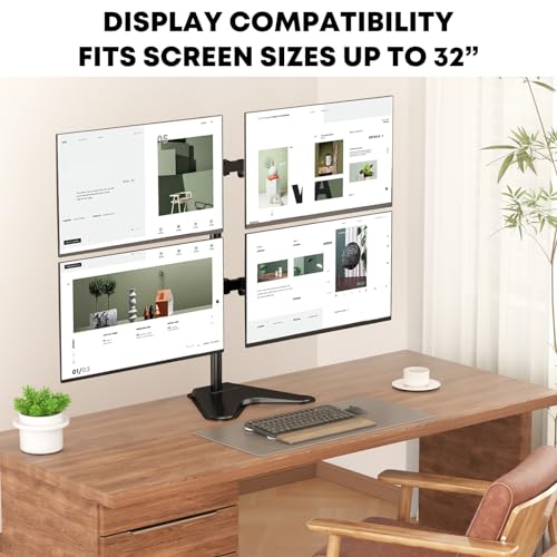 PUTORSEN Quad Monitor Stand for 4 Screens, 17-32", 19.8 lbs Each | Stacked 4-Screen Desk Mount with Full-Motion Arms, VESA 75/100, Tilt, Swivel & Rotation, Larger Base with Phone Slot, Black - size: Quad Arms