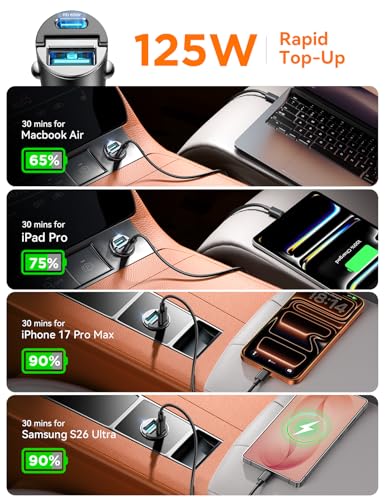 JOYROOM 2-Pack USB C Car Charger [Flush & Pull Ring] 65W PD + 60W QC Dual-Port Car Cigarette Lighter Charger, Fast Car Charger for iPhone 17/16/15 Series, Galaxy S26/25/24, MacBook Air, iPad and More