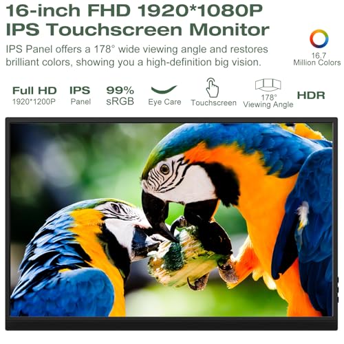 Portable Monitor Touchscreen 16 Inch FHD 1920x1200P HDMI USBC Travel Touch Screen Monitor IPS Display for PC Laptop Computer Ras Pi, 300cd/㎡, Built-in Speakers