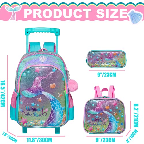 Mermaid Rolling Backpack for Girls with Lunch Box Kids Backpack with Wheels for School Sequin Rolling Backpacks for Kindergarten Girls Trolley Trips Kids Luggage - color: Blue Mermaid