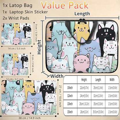 10 inch Laptop Sleeve with Laptop Skin Sticker Set – Slim Protective Case with Smooth Zipper, Lightweight Tablet & Notebook Sleeve for Travel & Daily Carry, Cat Family - color: Cat Family, size: 10 inch