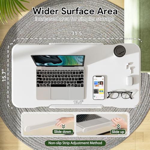 Foldable Mobile Standing Desk 180° Tilt Adjustable on Wheels | 32inch Pneumatic Portable Rising Desk with 4 Hidden or Lockable Casters, Rolling Overbed Bedside Table for Home Office, White - color: White