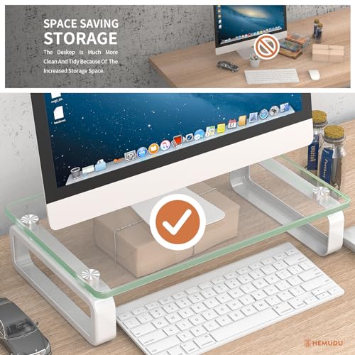 Hemudu Clear Computer Monitor Stand Riser Multi Media Desktop Stand for Flat Screen LCD LED TV, Laptop/Notebook, with Tempered Glass and Metal Legs, HD02T-001 - color: Clear