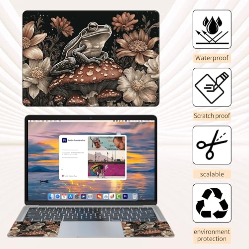 Laptop Skin Sticker 3-Piece Set,Frog On Mushrooms | Trim-to-fit 3-piece vinyl set with one 15 x 10.6 in lid skin and two palm-rest decals for many 12-15.6 in laptops - color: Frog On Mushrooms