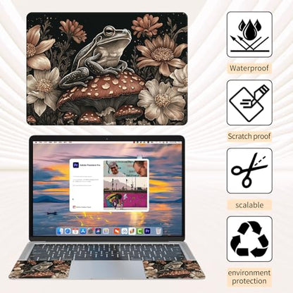 Laptop Skin Sticker 3-Piece Set,Frog On Mushrooms | Trim-to-fit 3-piece vinyl set with one 15 x 10.6 in lid skin and two palm-rest decals for many 12-15.6 in laptops - color: Frog On Mushrooms