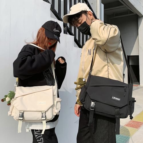 Aesthetic Crossbody Bag with Cute Pins and Ornament, Nylon Shoulder Messenger Bag Japanese Kawaii Bag for Women Men - color: L-white-fit Laptop