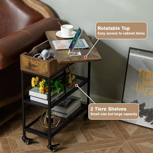 Hadulcet Narrow End Table with Charging Station & Rotating Top, Couch Snack Tables, Swivel Table for Recliner Living Room & Bedroom, Rolling Slim Side Table on Wheels, Skinny Nightstand, Rustic Brown - color: Rustic Brown