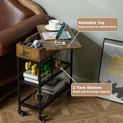Hadulcet Narrow End Table with Charging Station & Rotating Top, Couch Snack Tables, Swivel Table for Recliner Living Room & Bedroom, Rolling Slim Side Table on Wheels, Skinny Nightstand, Rustic Brown - color: Rustic Brown