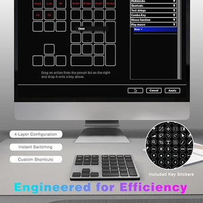 Doohoeek Tri-Mode Programmable Keyboard (BT/2.4G/Wired), Bluetooth Shortcuts Keyboard with 25 Custom Keys & Shortcuts Stickers & Backlit, Wireless Macro Keypad for Windows Graphic, Editing & Office