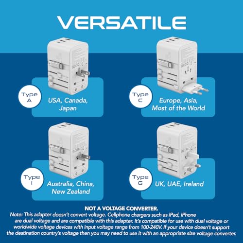 Ceptics 5 in 1 International Travel Adapter with PD 45W Retractable USB-C Cable 65cm, 2X USB-A 2.4A, 1x USB-C 3A, Travel Adapter Worldwide for Laptop, Phones and Cameras for US, EU, UK, UP-45WC-WH - color: White/Silver