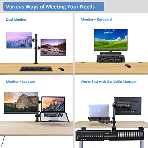 AEONS Monitor and Laptop Desk Mount Combo Stand with Notebook Tray fits 17 inch, 2-in-1 Adjustable Dual Arm Mount fits up to 32 inch LCD Screen with VESA, Clamp and Cable Management, Black - style: Dual Arm & Tray, Black